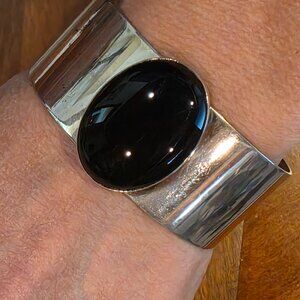Modernist Sterling Silver and Onyx Cuff, Artisan Made